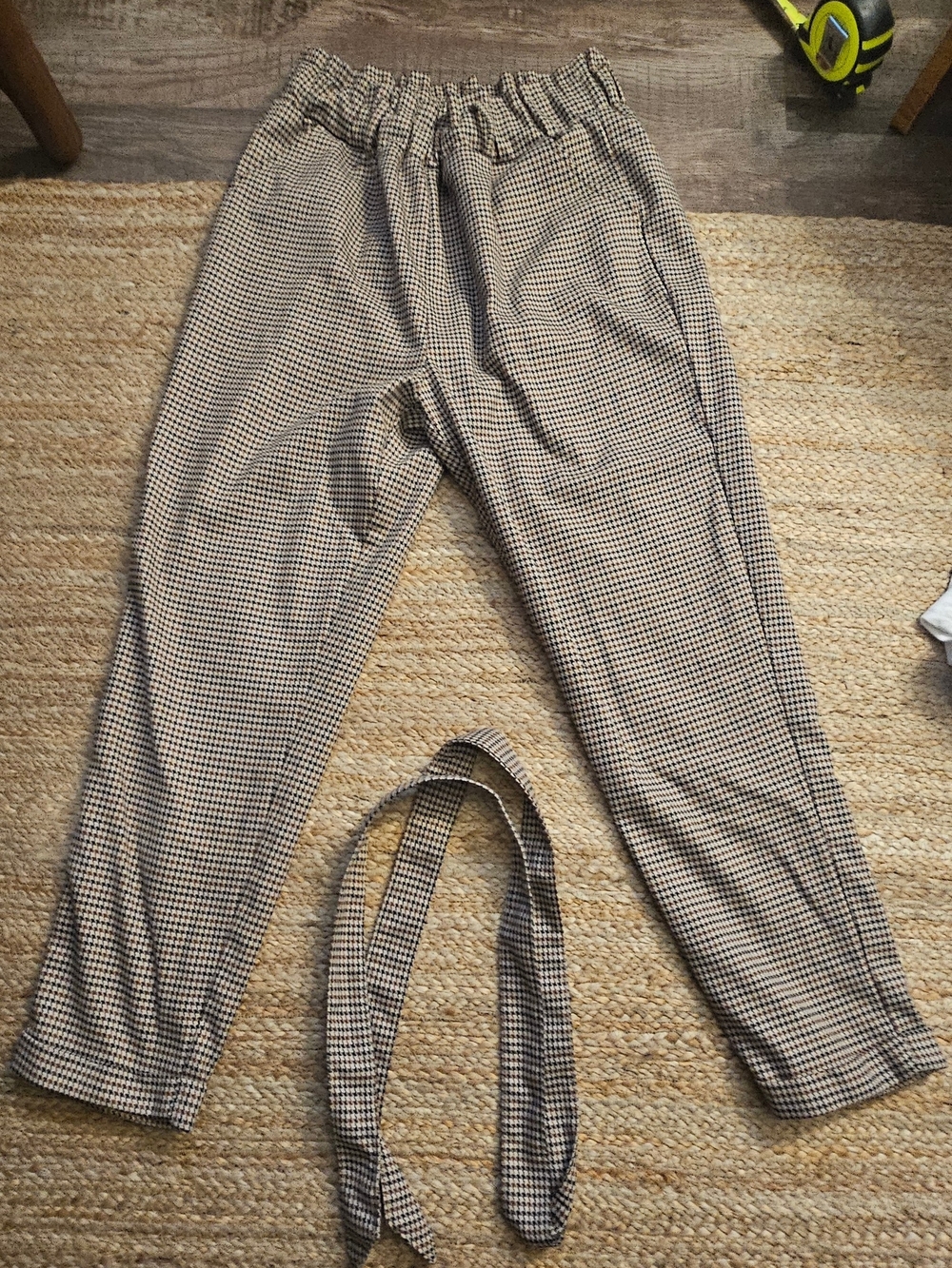 Brown Houndstooth Elastic Waist Pants With Tie Belt